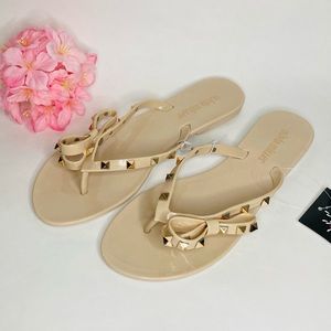 Studded PVC Nude Jelly Slide Thong w/ Bow